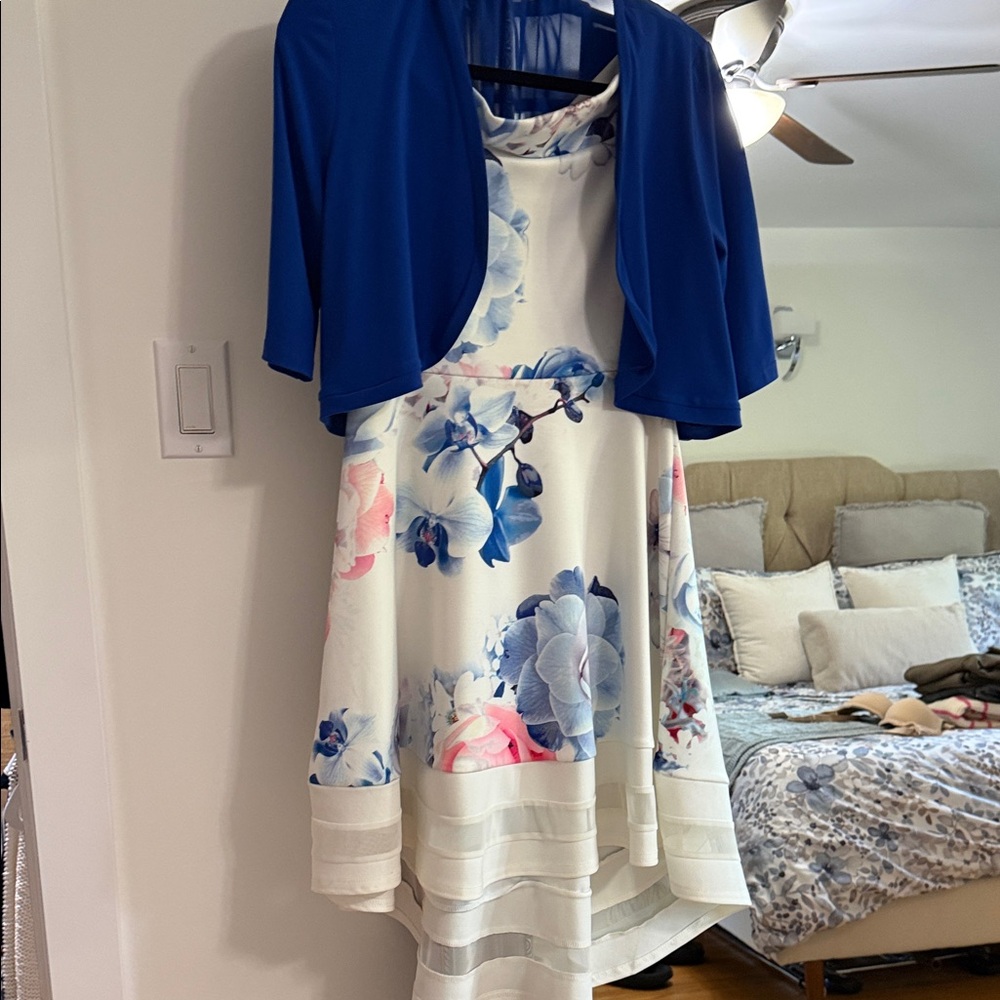 Blue Floral High-Low Dress with Royal Blue Bolero